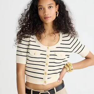 J. Crew Striped Short Sleeve Crop Sweater Gold Button Ribbed Top Sz L